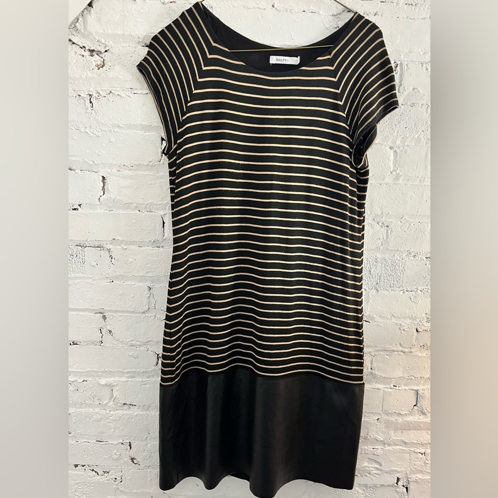 Bailey 44 Anthropologie Striped Mini Dress Faux Leather Hem Black Tan Medium